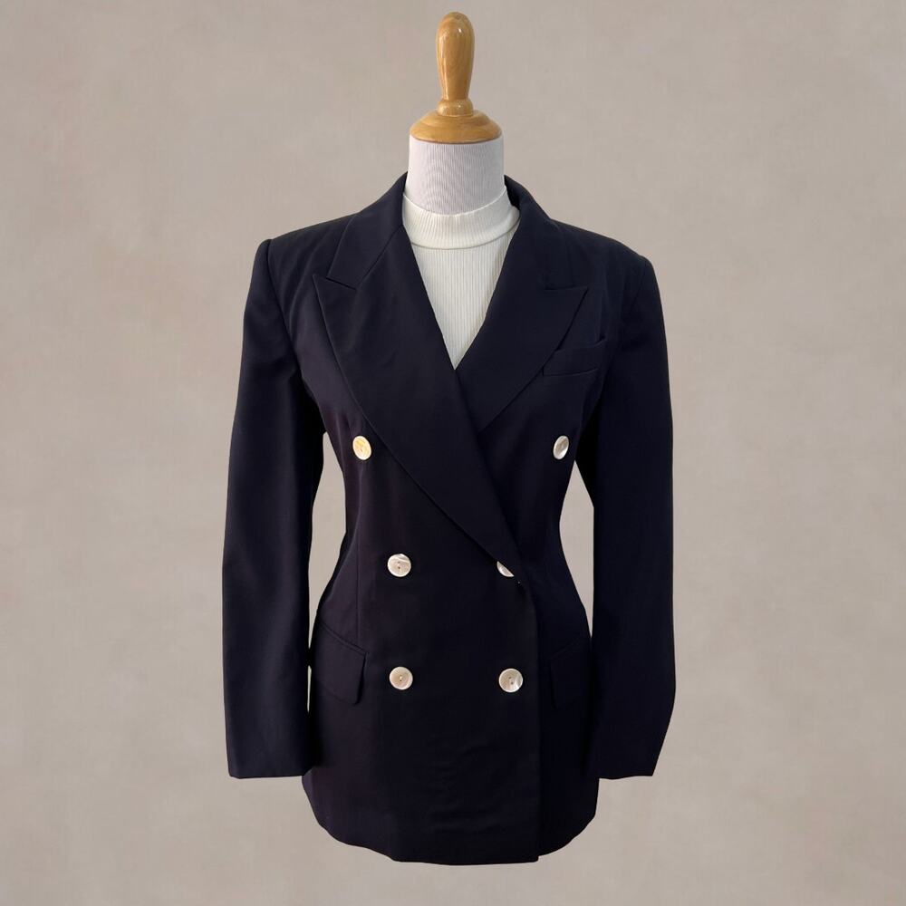 Vintage 90s Talbots Navy Blue Wool Double Breasted Blazer Jacket Longline 10P